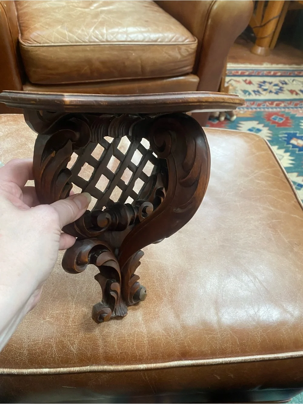 Vintage Hand-Carved Wooden Wall Bracket Shelf scroll detail